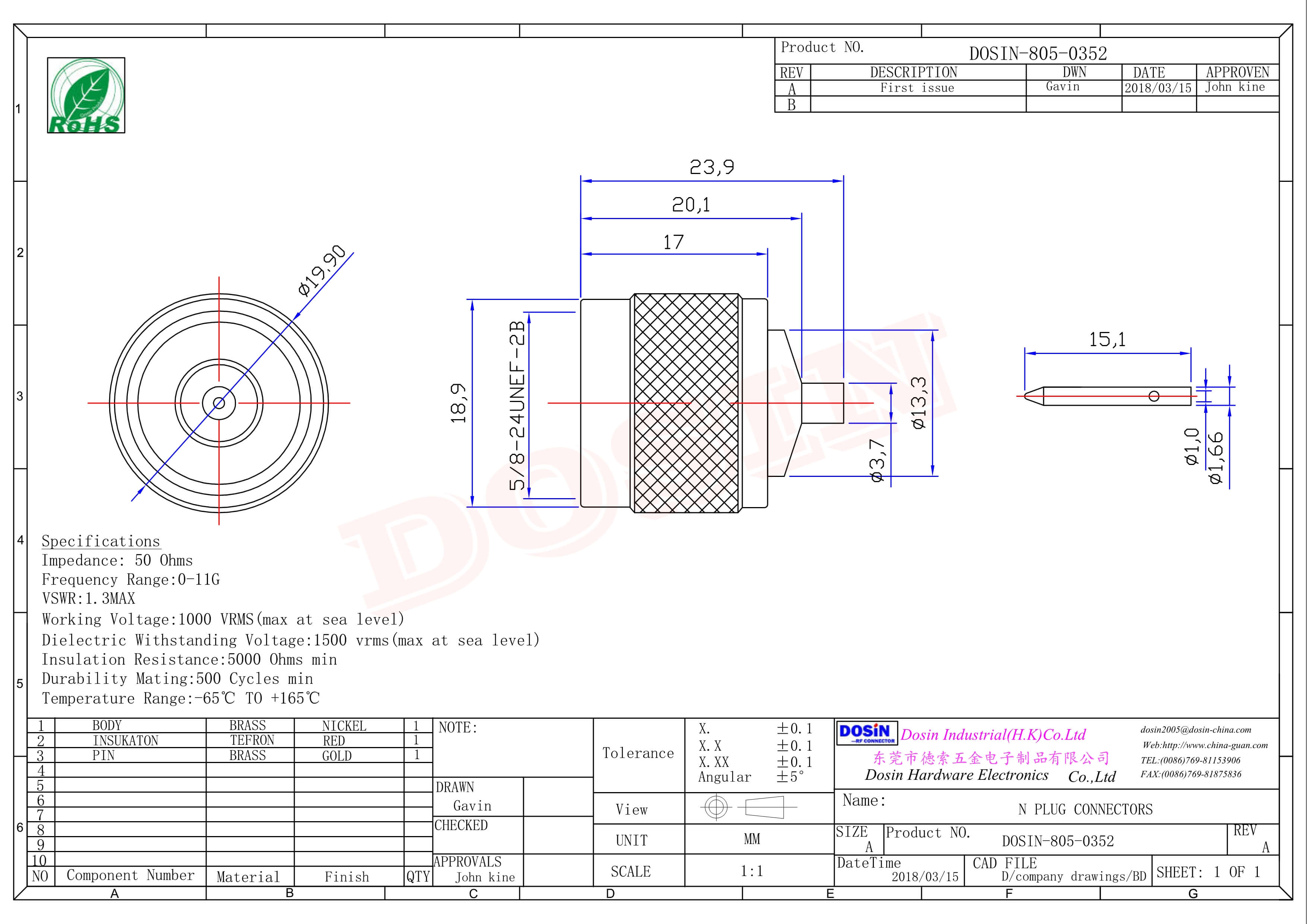 N型射頻同軸連接器系列直式公頭公針焊接式接線