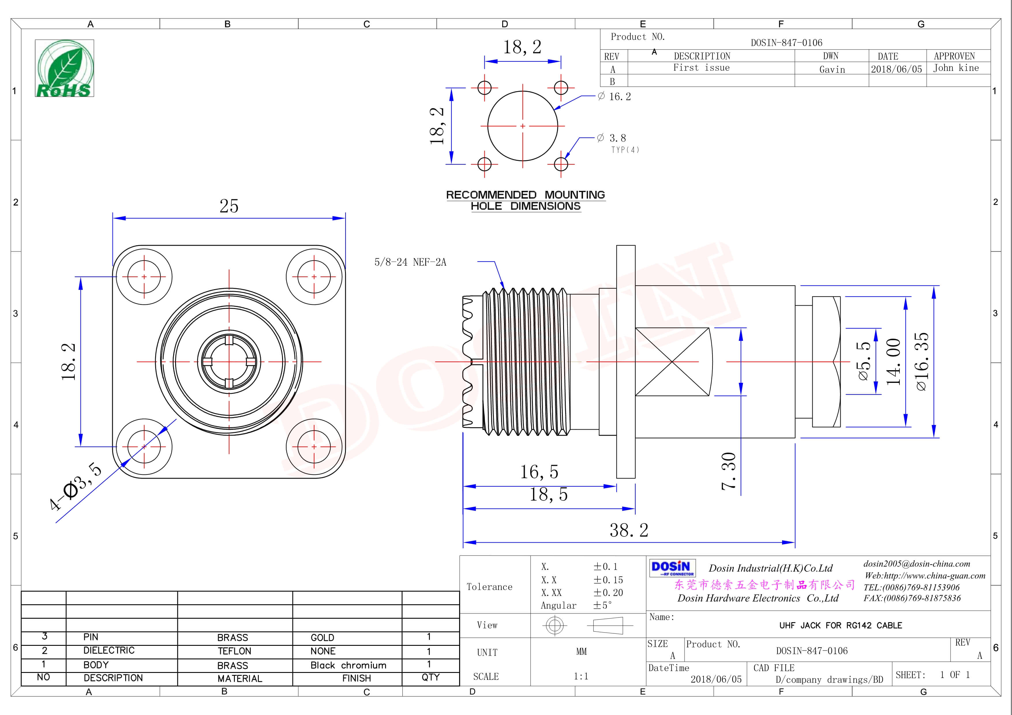 uhf同軸連接器母頭直式UHF-SL16-J-4螺母鎖緊帶法蘭接線