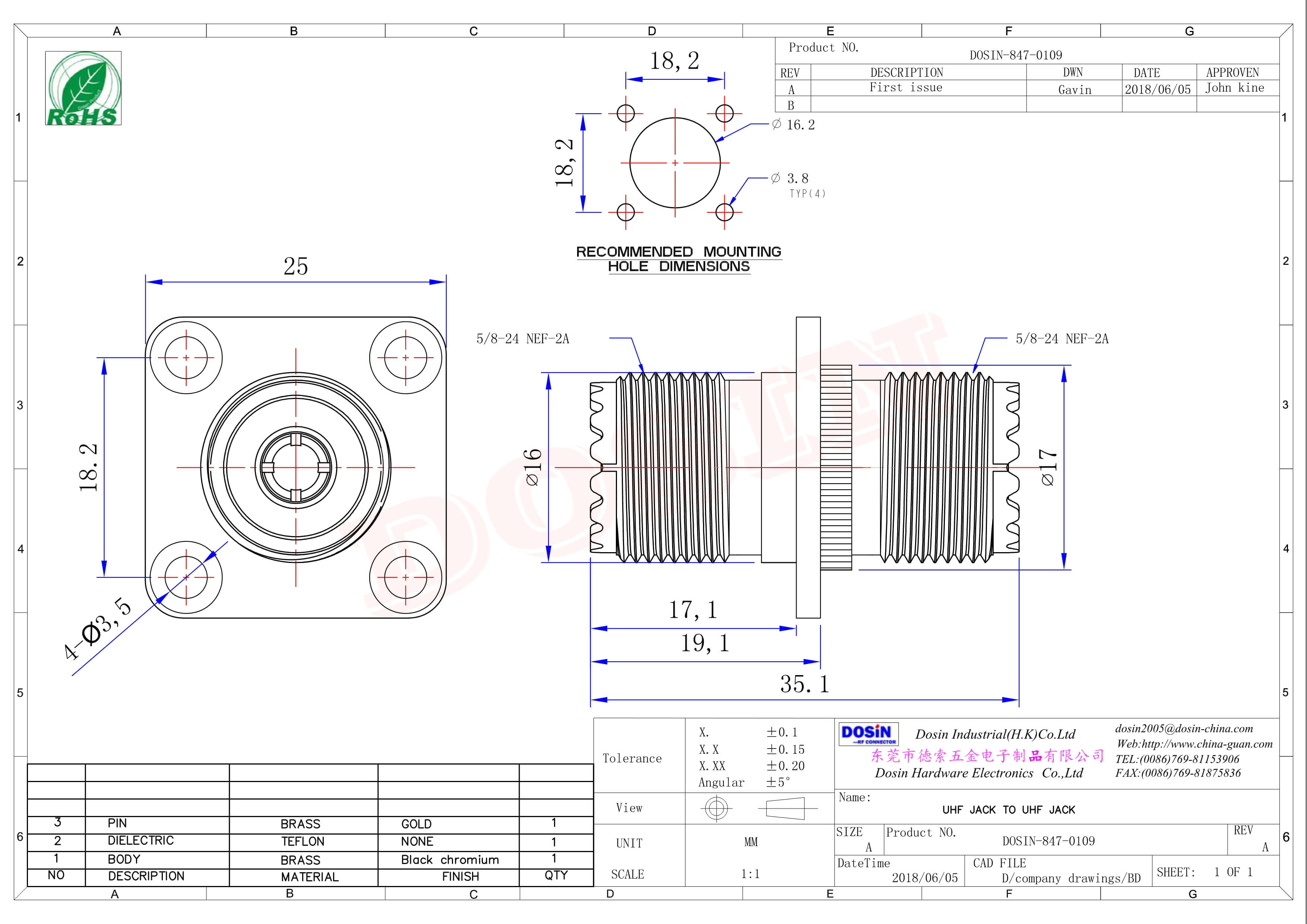 uhf 射頻接頭法蘭安裝穿墻直式接線(xiàn)母頭UHF-UF1F-KKF