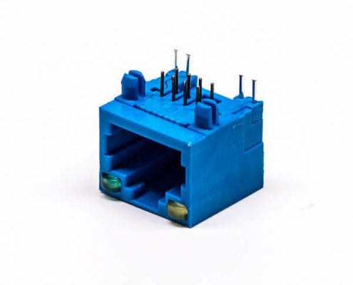 rj45網(wǎng)線接口母座彎式全塑藍(lán)色單口8p帶燈連接器