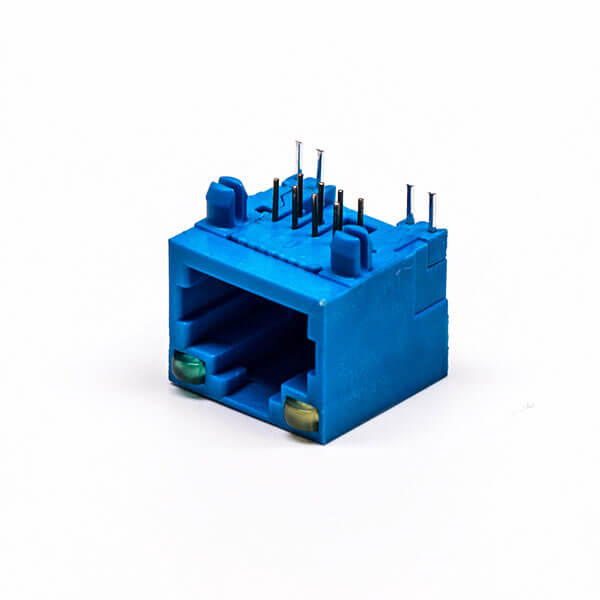 rj45網(wǎng)線接口母座彎式全塑藍色單口8p帶燈連接器