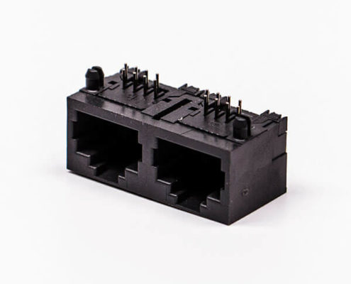 rj45直通式雙網(wǎng)口插座母頭彎式8全塑黑色無(wú)燈接PCB板