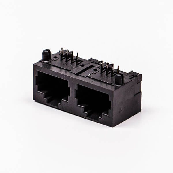 rj45直通式雙網(wǎng)口插座母頭彎式8全塑黑色無燈接PCB板