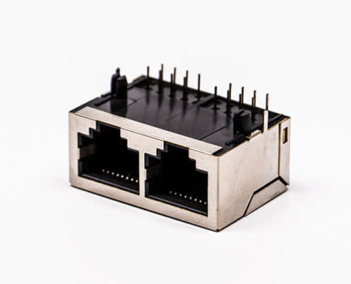 rj45插座 雙口銅殼無燈90度帶屏蔽母座接PCB板