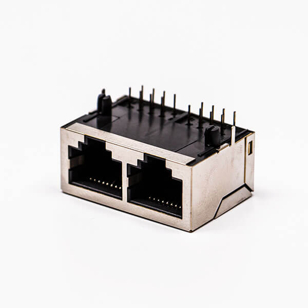 rj45插座 雙口銅殼無燈90度帶屏蔽母座接PCB板