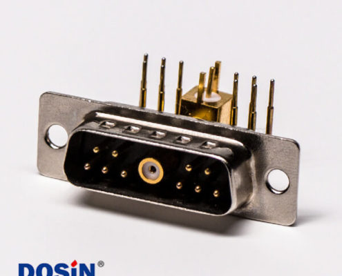 DB11w1射頻公座90°焊板光孔帶鉚鎖彎式黑膠接PCB連接器