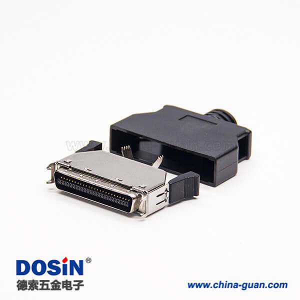 50pin按鍵式SCSI連接器黑色外殼直式180度按鍵式接線焊接