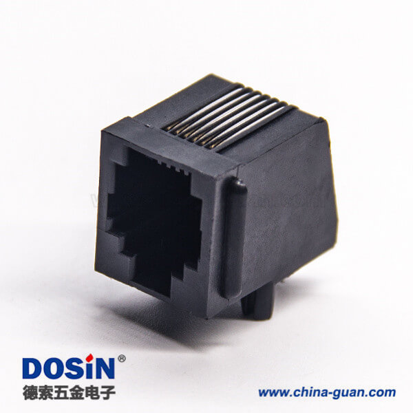 rj11全塑插座黑色非屏蔽式6p6c彎式穿孔接PCB板