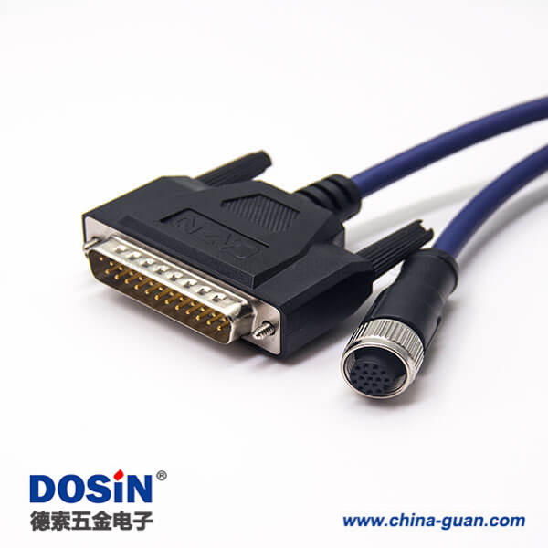 m12電纜插頭直式母頭A型轉D-Sub公頭25pin兩邊帶螺絲線長1米