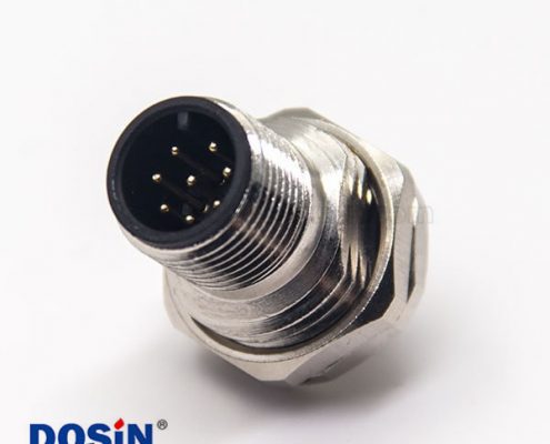 m12連接器系列8pin公頭直式板端插座前鎖板螺紋防水PCB板安裝