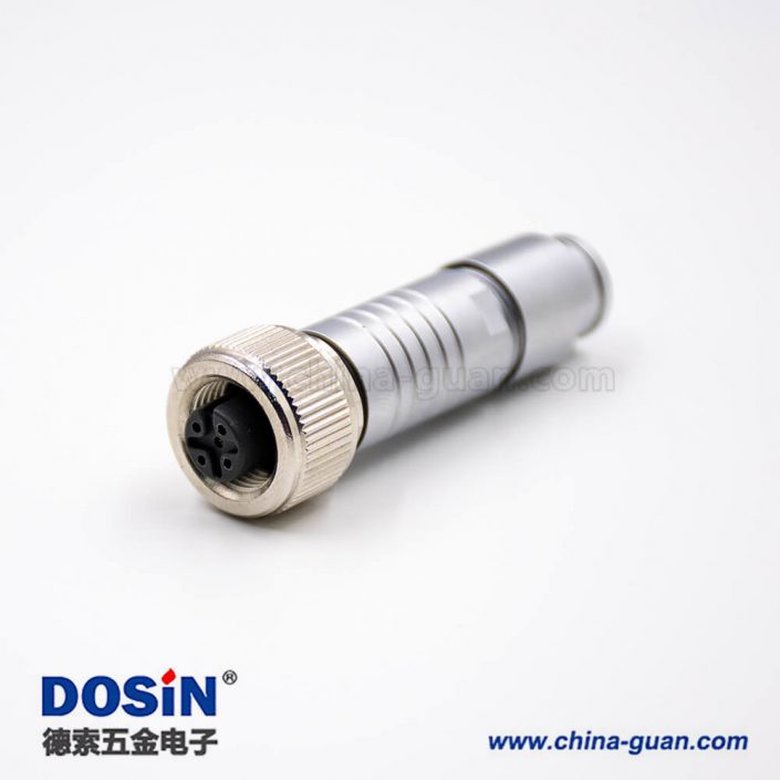 M12插頭5芯防水A扣母頭直式組裝接頭金屬線連接器接線帶屏蔽