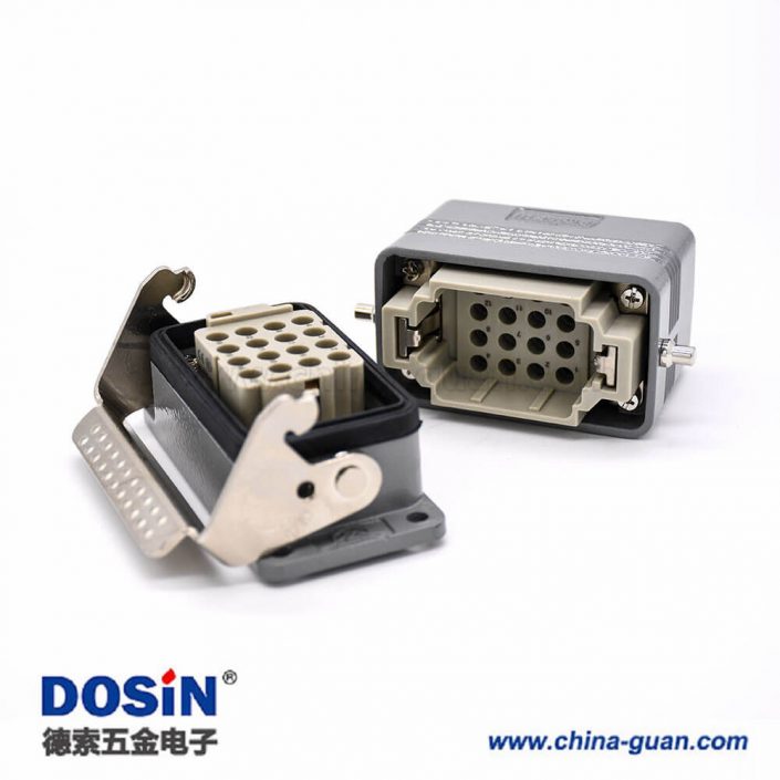 矩形重載連接器H10B不帶針公頭16芯螺紋PG16公母對(duì)接頂出口鐵扣2耳開(kāi)孔安裝鋁合金外殼