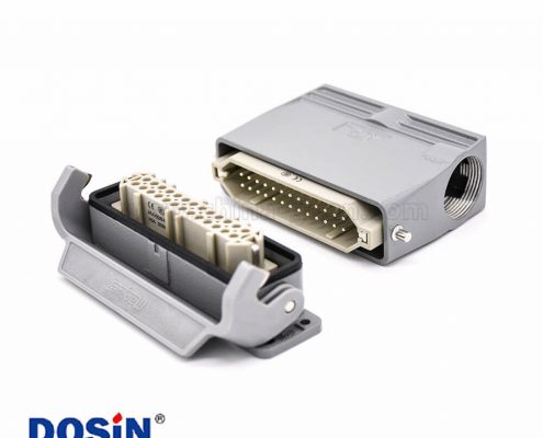 防水重載連接器開孔安裝斜出口26芯H20A外殼公母對(duì)接塑料鐵扣PG21