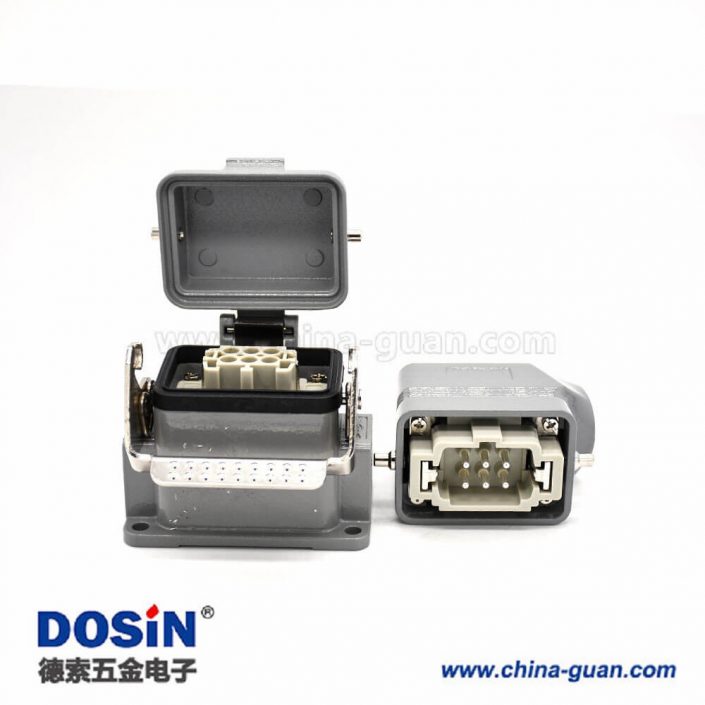 重載矩形連接器H6B表面安裝6芯鍍銀公母對(duì)接螺紋M32斜出口帶金屬防塵蓋