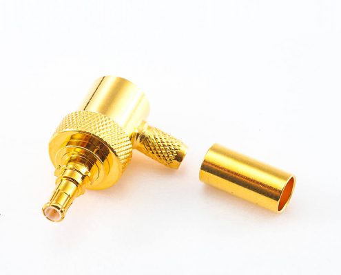 MCX彎公頭壓接式接頭銅鍍金50Ω