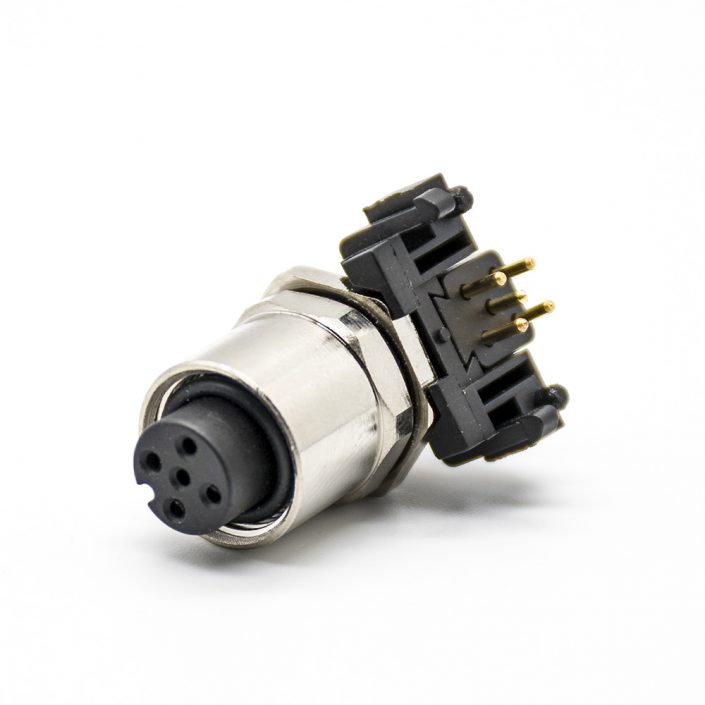 M12防水連接器航空頭后鎖板5芯母頭A扣彎式接PCB板