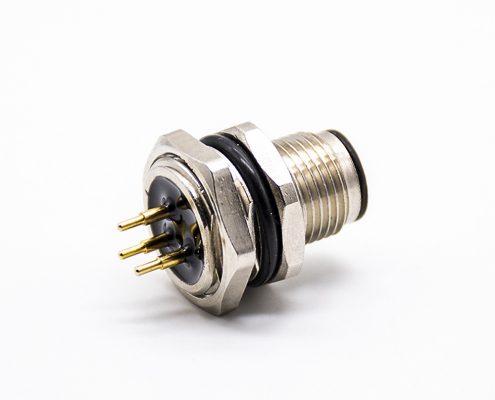 M12連接器PCB板安裝A扣180°焊接式后鎖板防水3芯公插座