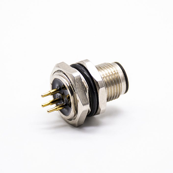 M12連接器PCB板安裝A扣180°焊接式后鎖板防水3芯公插座