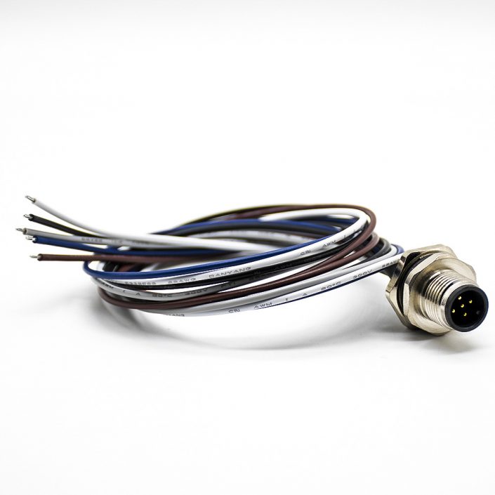 M12連接器5針公插座A扣防水后鎖板直式板端焊線0.2M