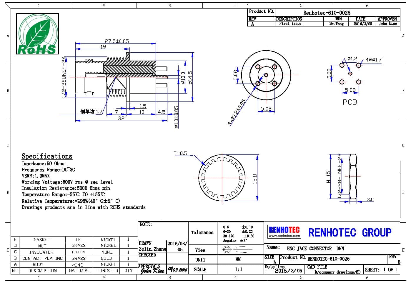 PCB板端,母頭,直式,鋅合金,RF射頻同軸,BNC連接器,4腳,50歐姆,穿墻