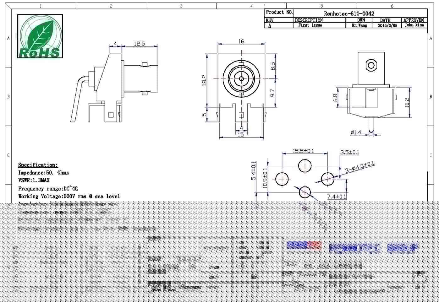 bnc接口板 彎式母頭 50歐姆 接PCB板端