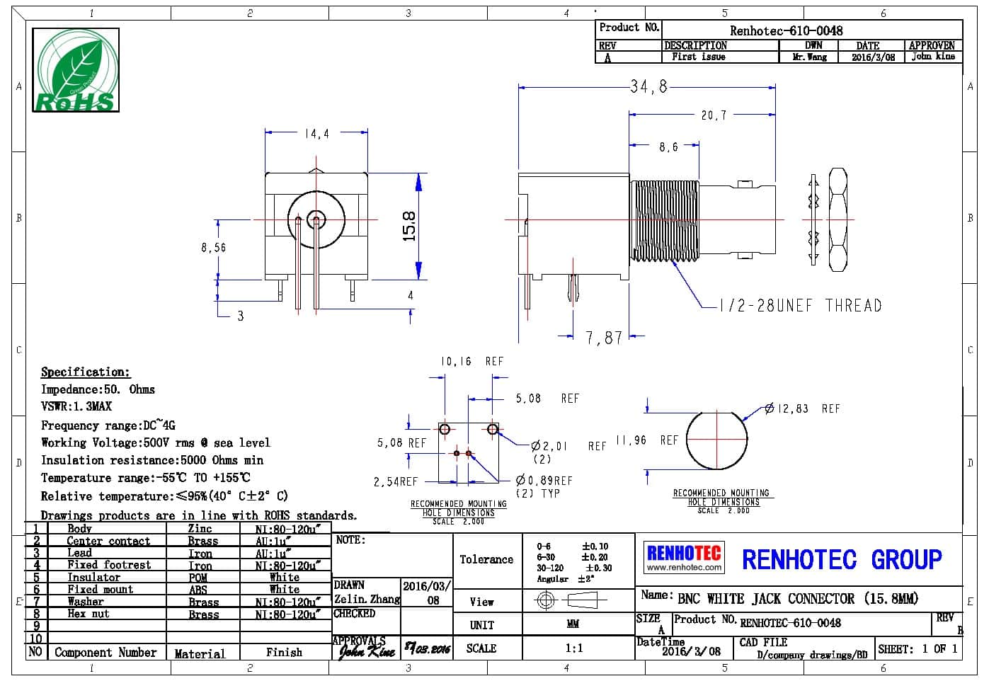 50歐姆bnc 彎式射頻同軸母頭 PCB