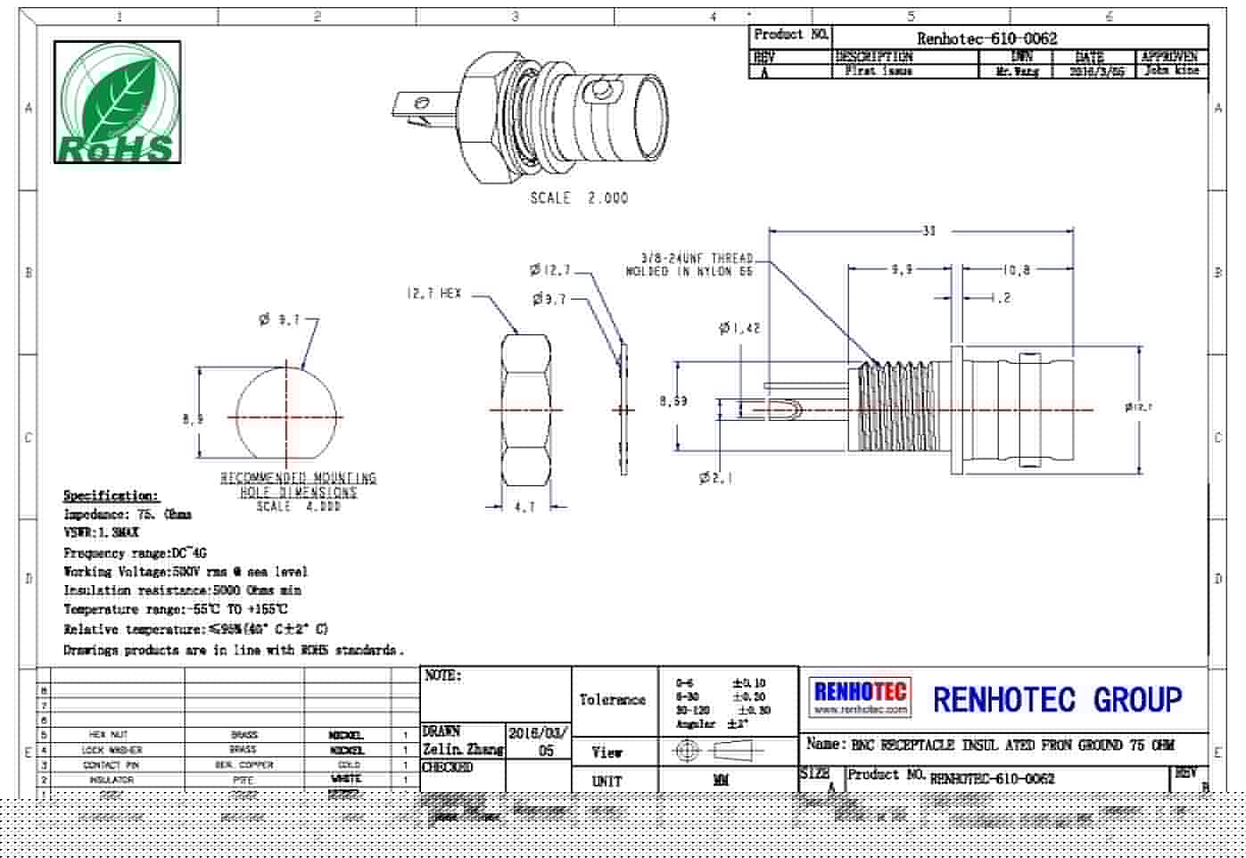直式穿墻鋅合金B(yǎng)NC射頻同軸連接器母頭