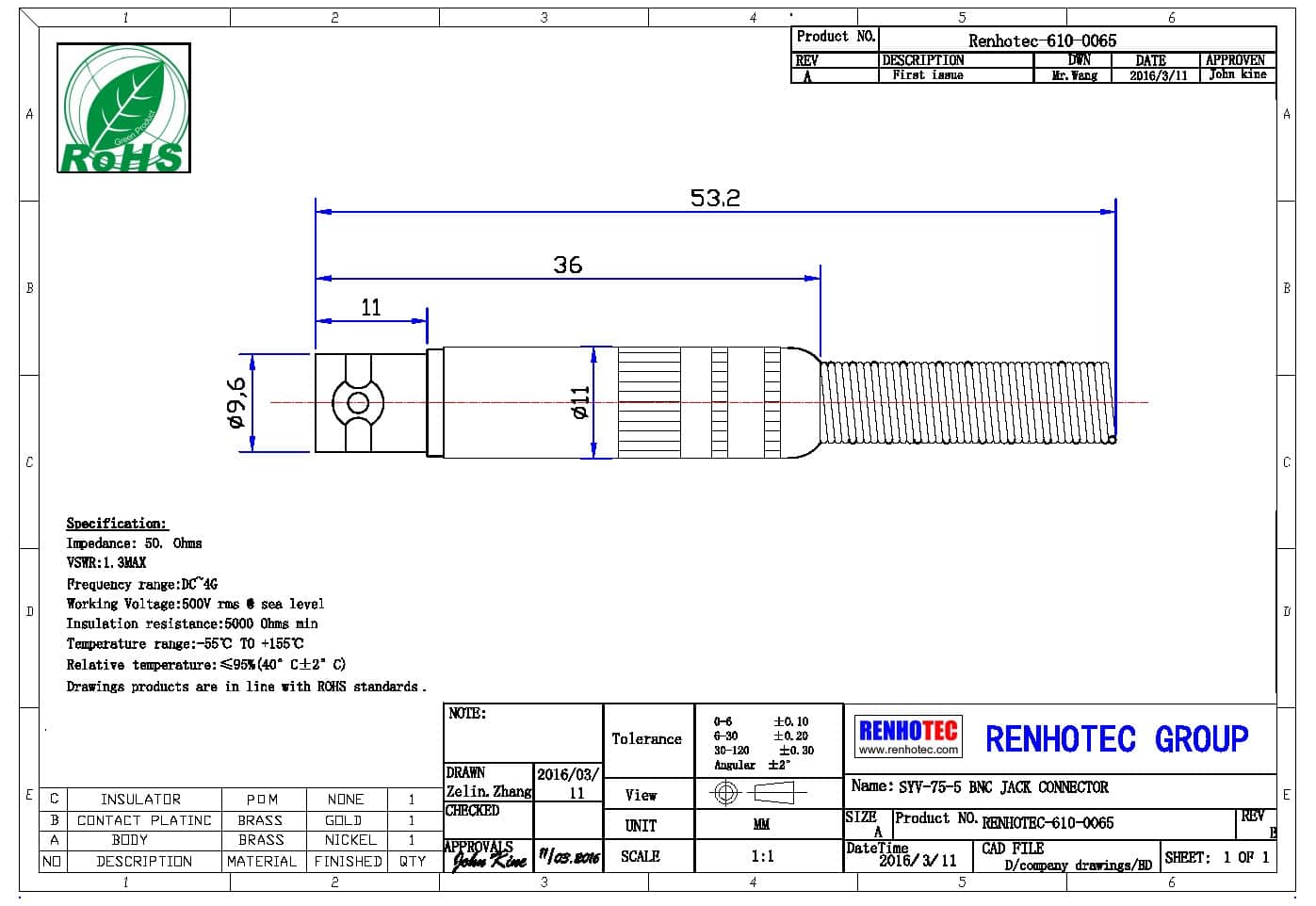 BNC直式射頻同軸電纜 鋅合金母頭50歐姆