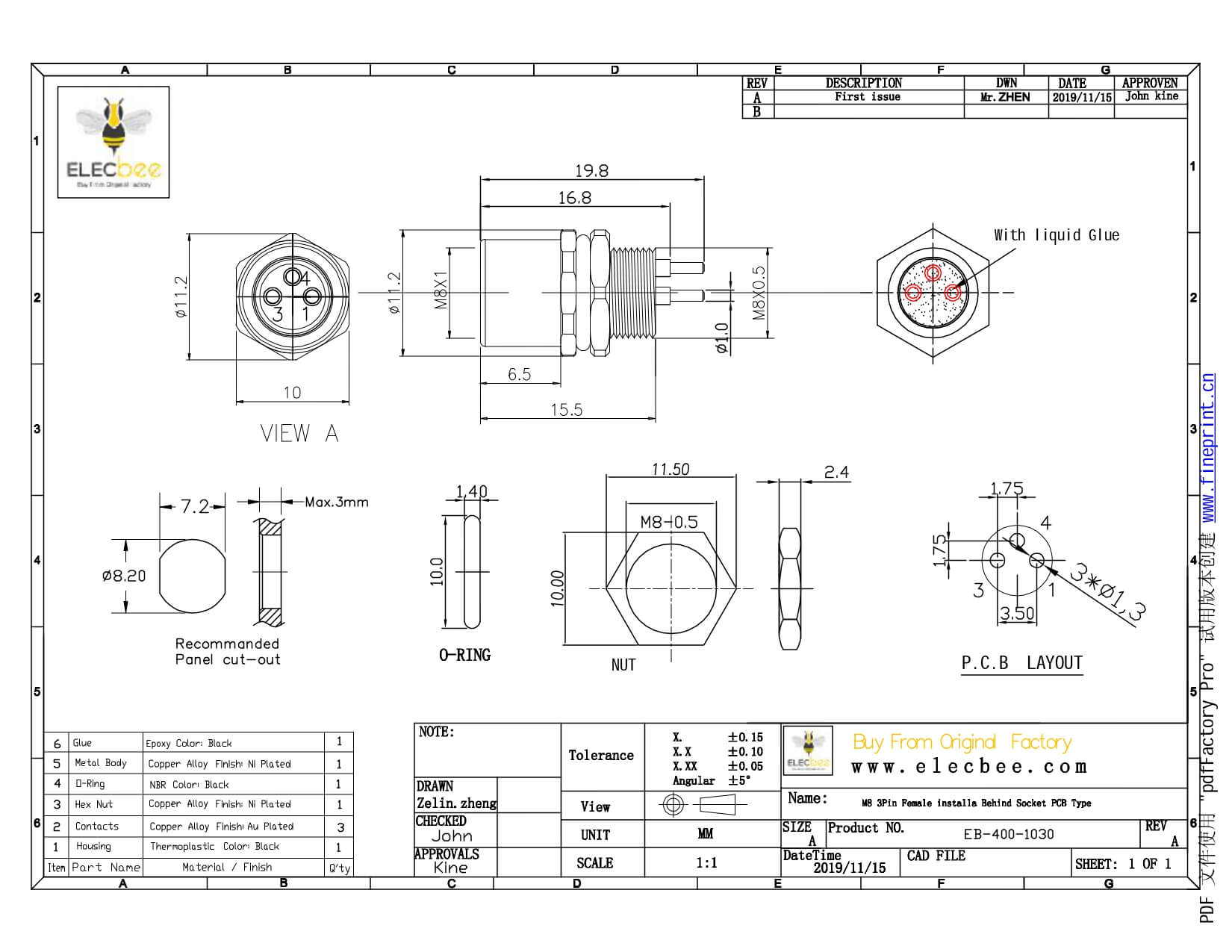 M8 PCB連接器板端后鎖連接器A型3芯防水母插座傳感器