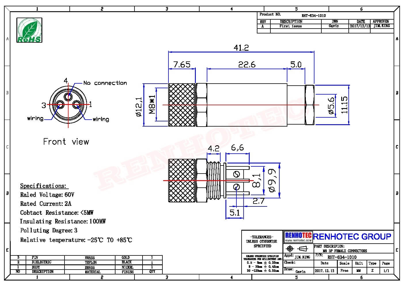 M8傳感器插頭A型3芯直頭組裝式母插頭防水航空連接器
