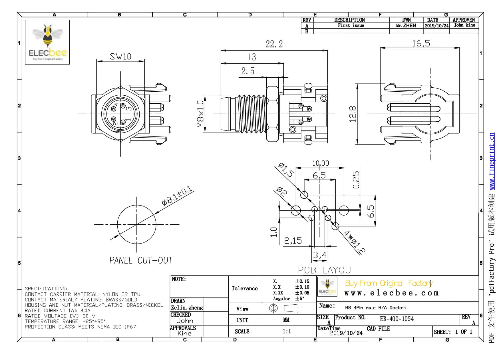 M8插板插座彎頭PCB板端連接器A型4芯防水公座傳感器