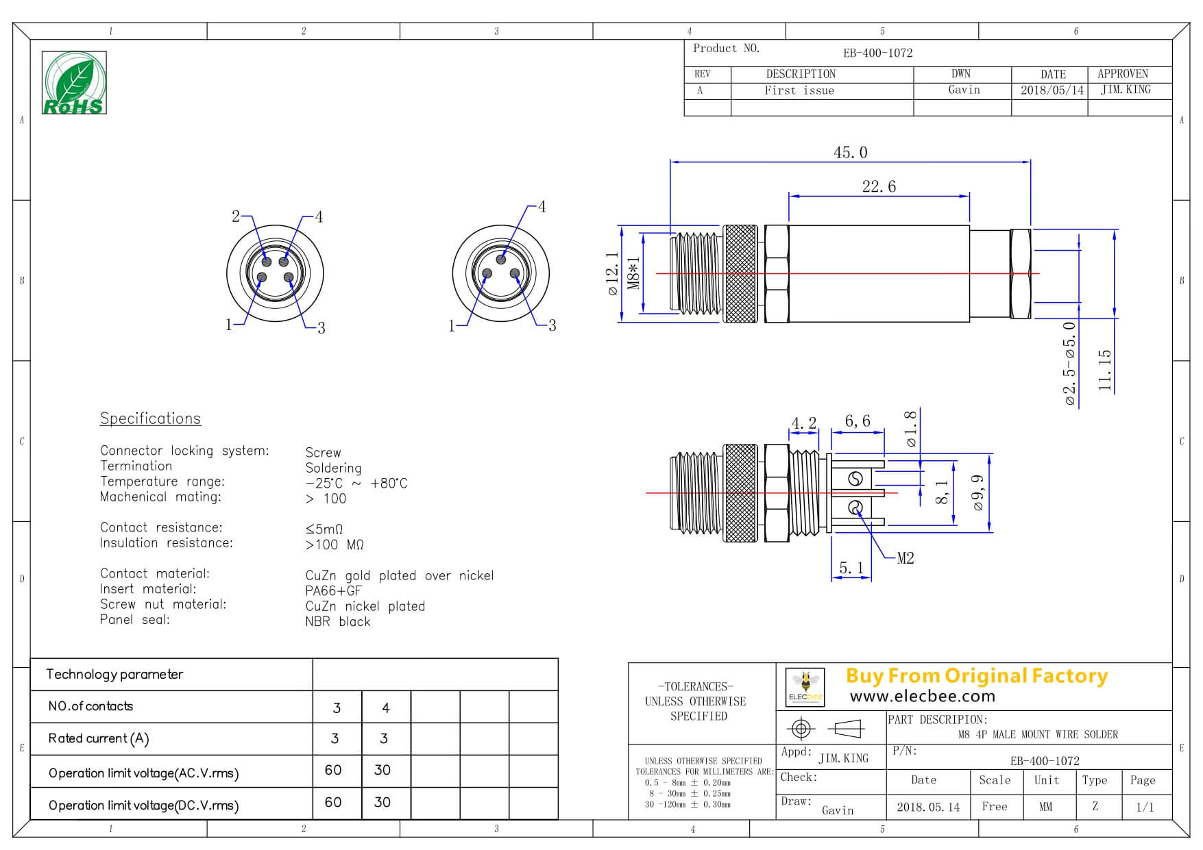 M8公插頭連接器4芯A型組裝式接線公插頭工業(yè)連接器