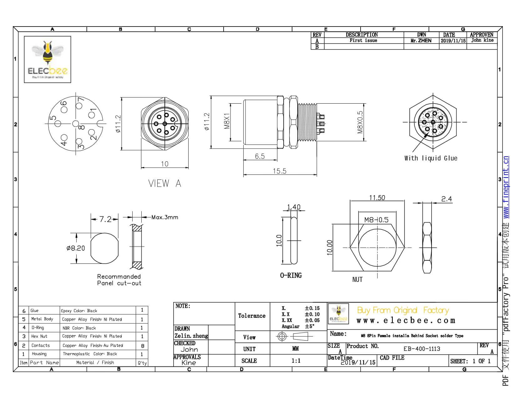 M8插座防水A型母座板端后鎖焊線(xiàn)式8芯航空連接器