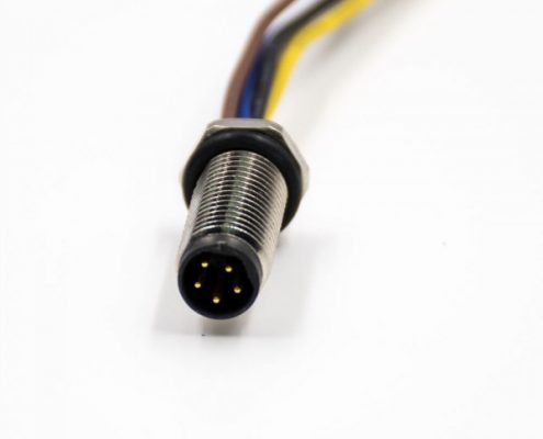 M8公頭螺紋帶線5芯B扣直式防水前鎖板板端插座接線24AWG線長1米焊接式連接器