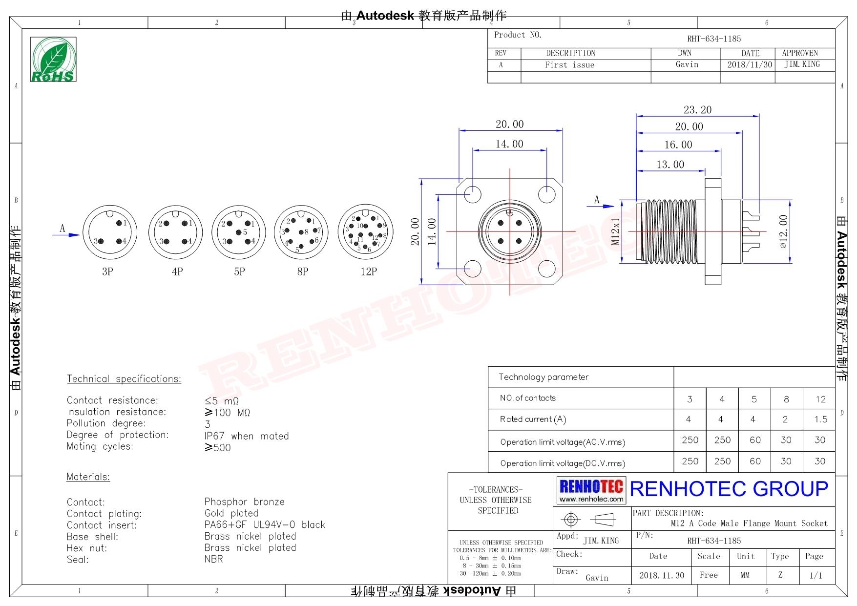 M12傳感器接頭4芯母頭A扣板端插座防水直式法蘭安裝焊接式連接器