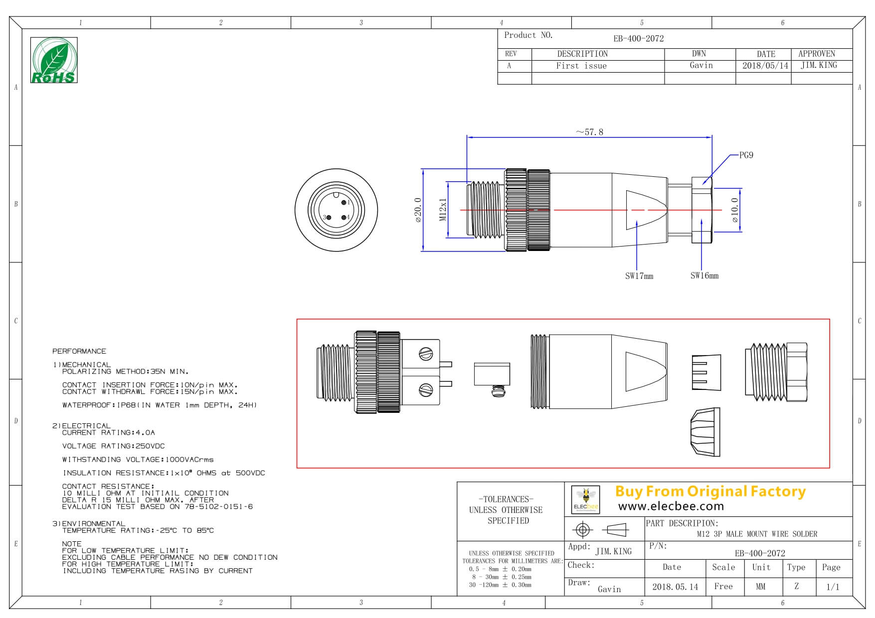 M12現場組裝插頭A編碼3芯公直式不帶屏蔽塑料外殼PG9