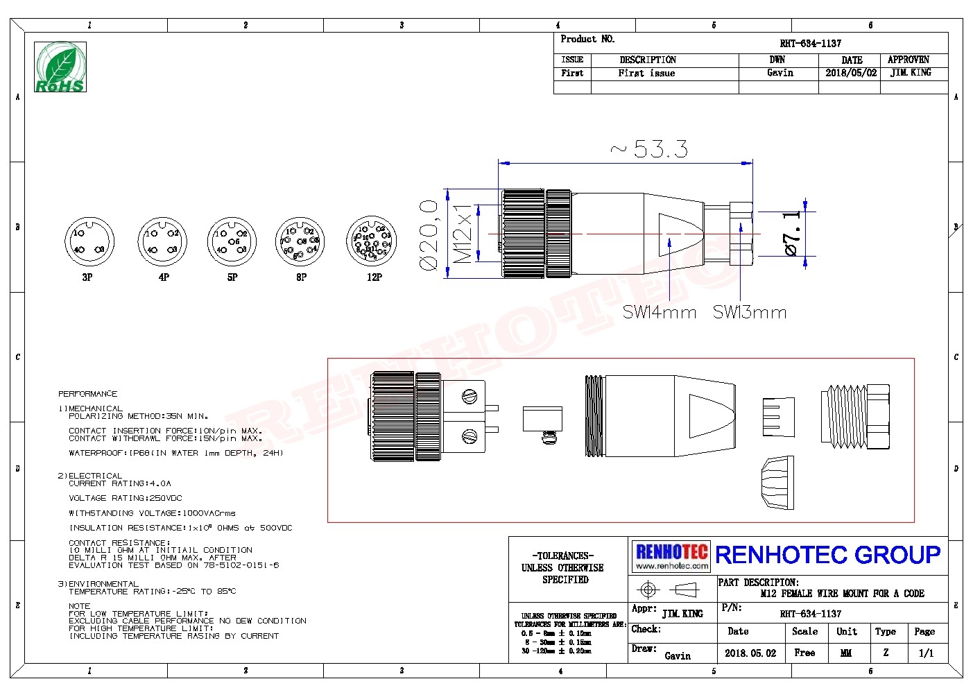 M12現(xiàn)場組裝插頭A編碼8芯母直式不帶屏蔽塑料外殼PG9