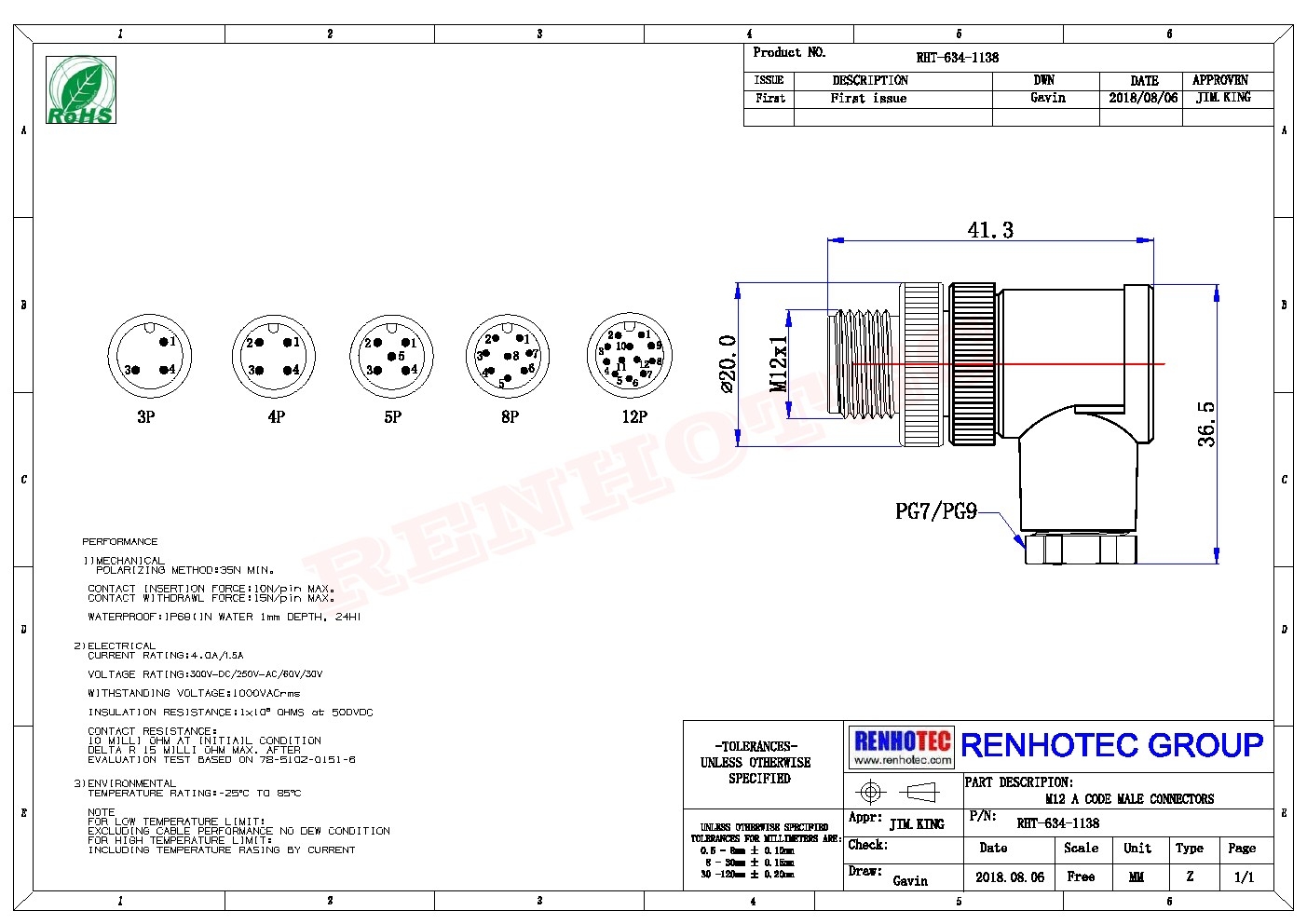 M12現(xiàn)場組裝插頭A編碼8芯公彎式不帶屏蔽塑料外殼PG7