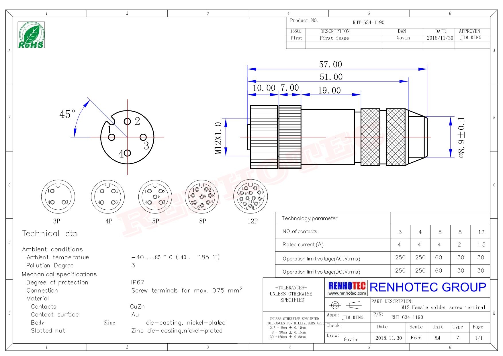 M12現(xiàn)場(chǎng)組裝插頭A編碼8芯母直式帶屏蔽金屬外殼