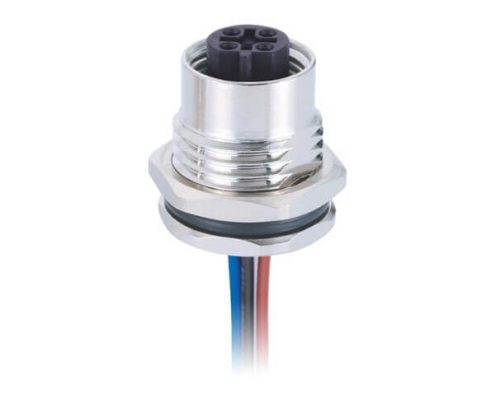 M12板端連接器5芯母頭前鎖板焊線帶屏蔽插座帶線1M AWG22