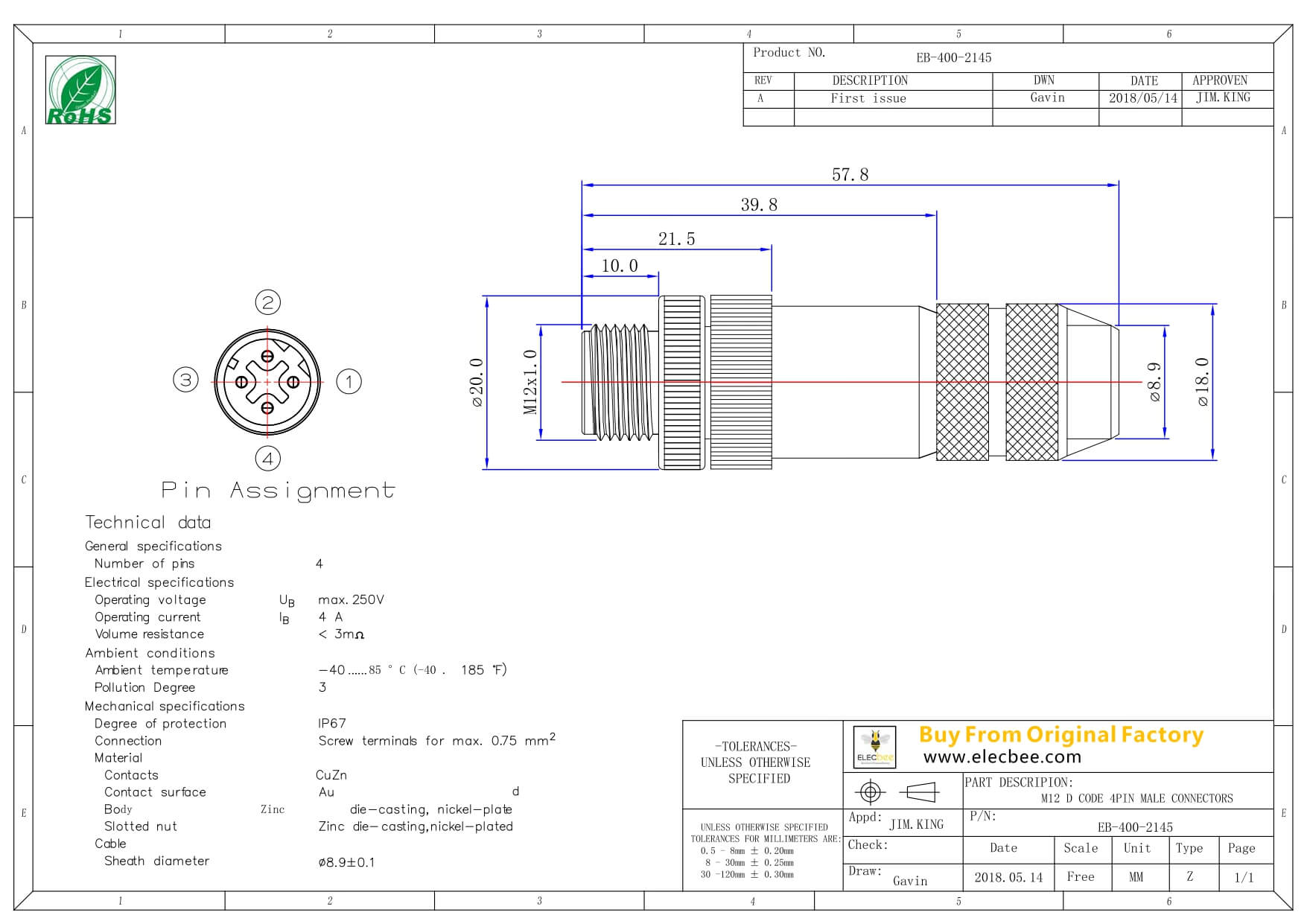 M12現(xiàn)場(chǎng)組裝插頭D編碼4芯公直式不帶屏蔽塑料外殼PG7