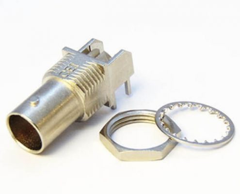 PCB插板式BNC插座母頭90度連接器前鎖穿墻鍍鎳