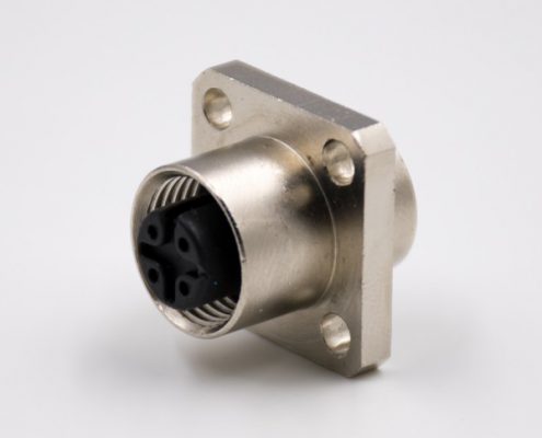 M12法蘭插座板端插座A扣4芯直式母頭面板安裝4孔法蘭連接器