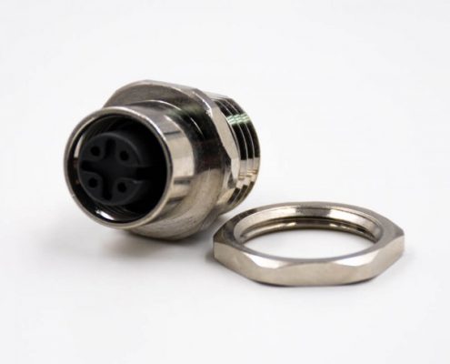 4芯插座M12板端插座A扣直式母頭后鎖板接線防水帶屏蔽焊接式連接器