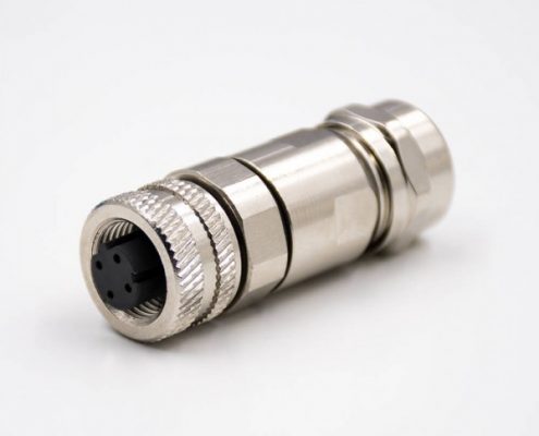 M12現(xiàn)場(chǎng)組裝插頭D編碼4芯母直式帶屏蔽金屬外殼