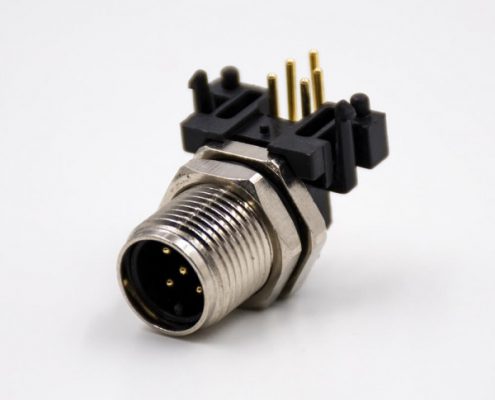 M12航空連接器90度板端插座A扣帶屏蔽防水彎式5芯公頭PCB板安裝