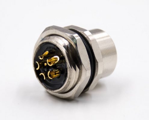 M12圓形連接器5芯L扣母頭直式防水帶屏蔽后鎖板板端插座接線焊接式傳感器