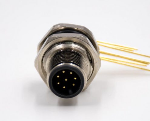 M12公頭板端插座A扣彎式8芯防水前鎖板接PCB板連接器