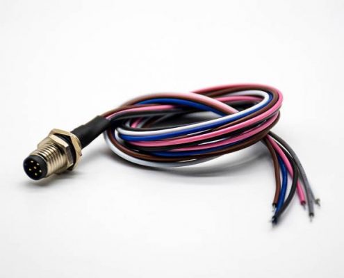 M8焊線后鎖插座6芯A編碼公頭直式防水板端插座接線0.2M