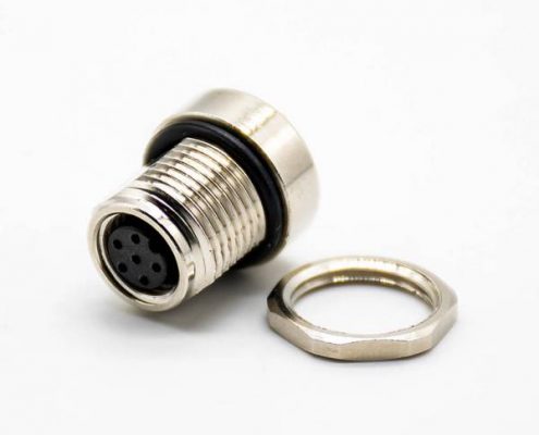 M8防水插座連接器A編碼180°6芯母頭前鎖板接PCB板